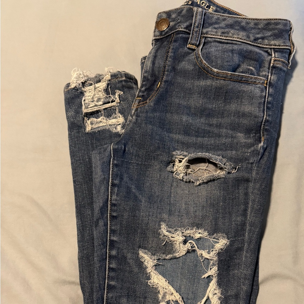 American Eagle Outfitters Blue Skinny Jeans with Distressed Design